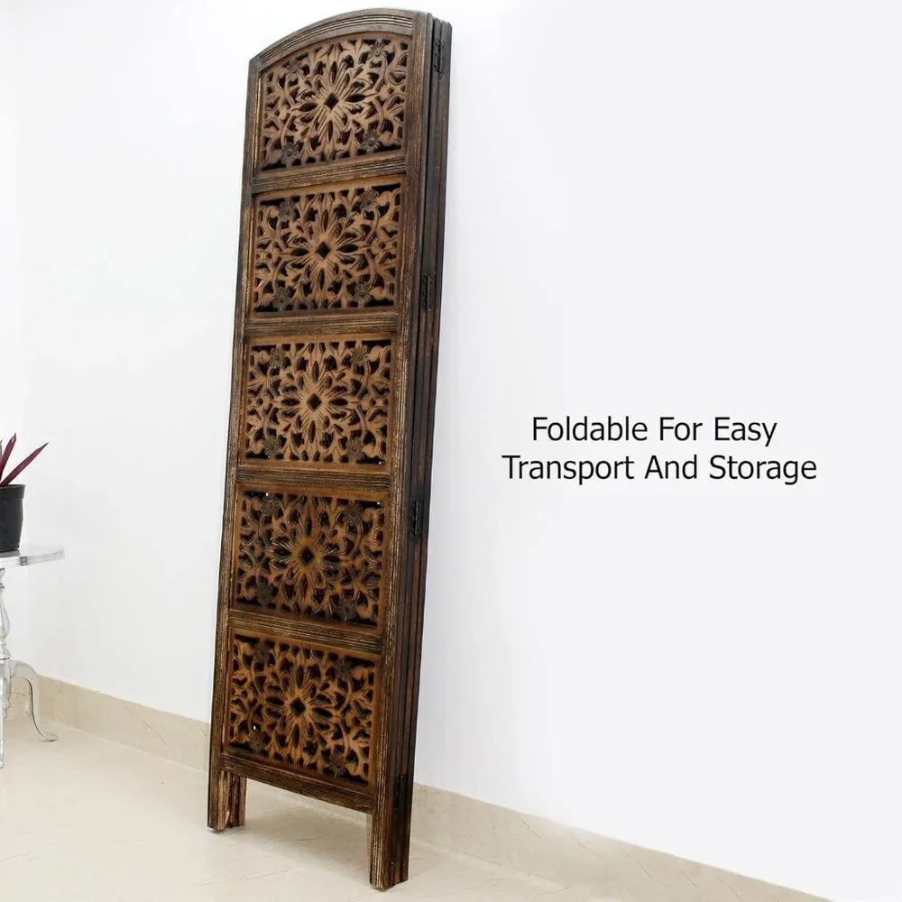 Antique Brown 4 Panel Folding Room Divider - Decorative Portable Privacy Screen